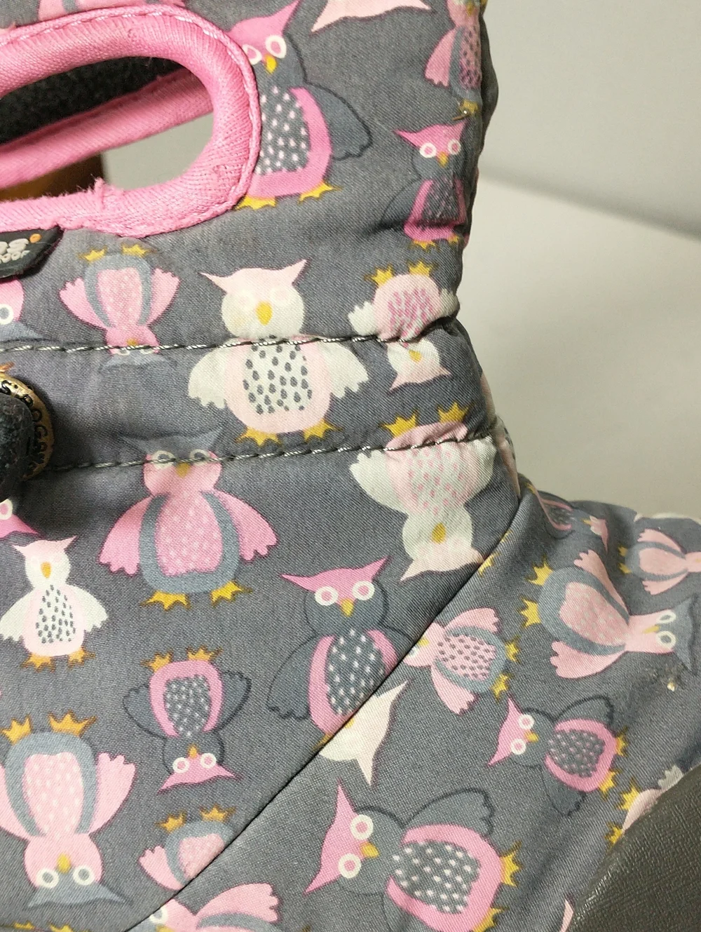 Bogs Winter Snow Boots, Owls, Pink / Gray, Size 13, Rated -4 F, Adjustable Cord